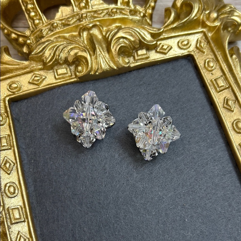 Vintage Crystal Aurora Borealis Clip On Earrings